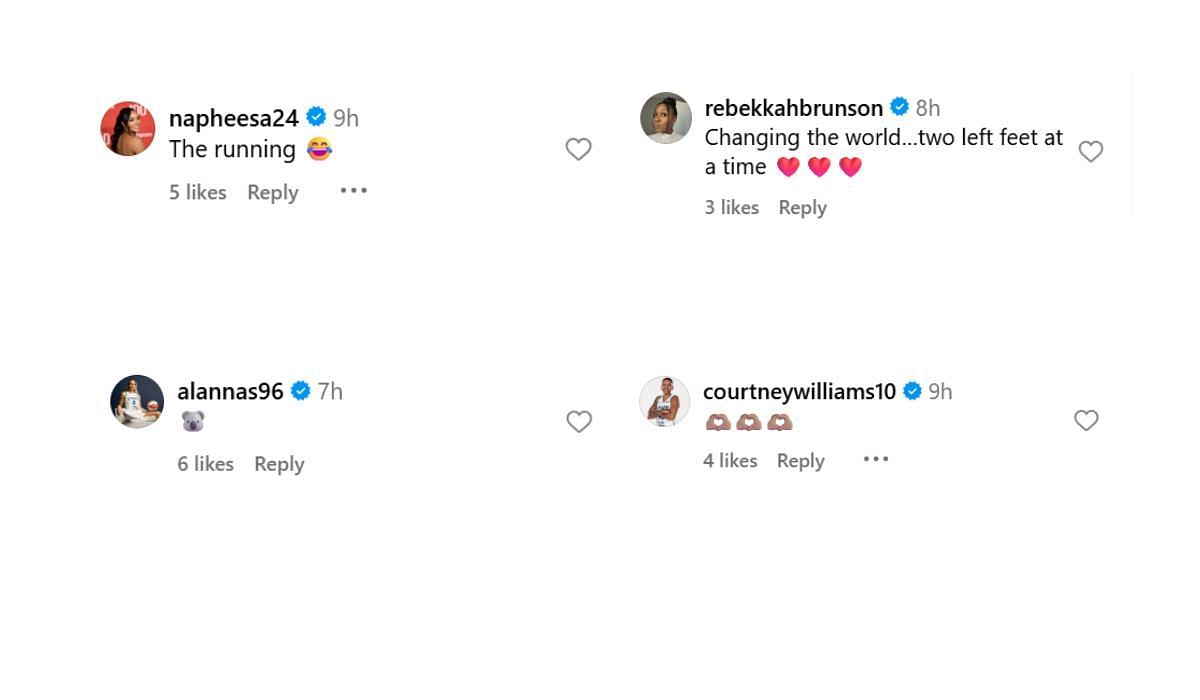 Minnesota Lynx players (Allana Smith, Napheesa Collier, Courtney Williams) and coach Rebekkah Brunson react to Andrea Hayden's post (Source: Instagram/Hayden)